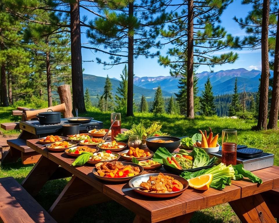 Outdoor-Küche mit verschiedenen Camping-Rezepten