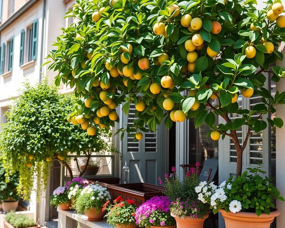 Balkonobst mit Obstbäumen auf Terrasse