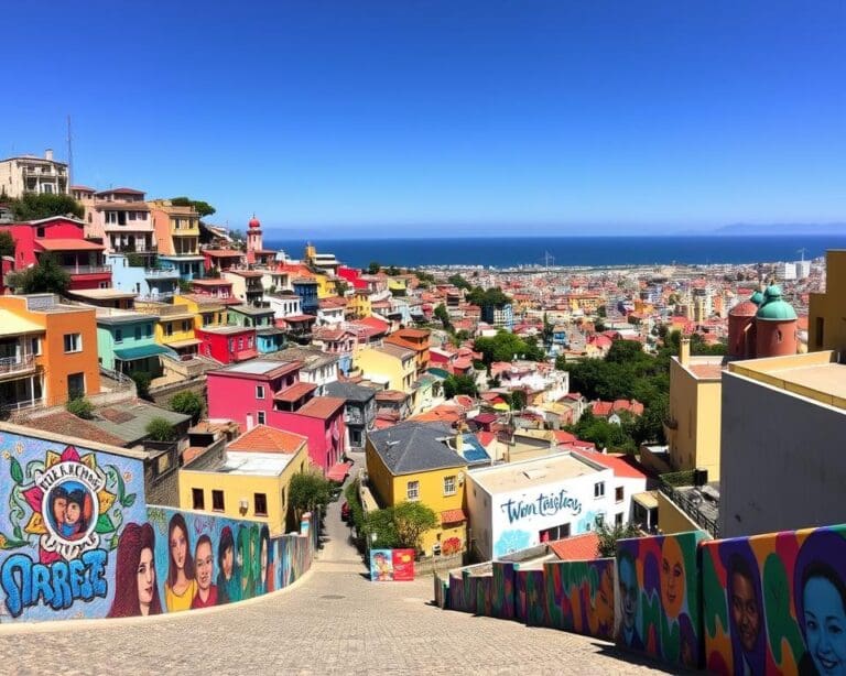 Bunte Häuser und Straßenkunst in Valparaíso, Chile