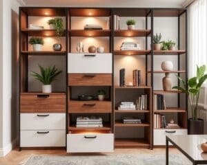 Multifunktionale Raumteiler mit Schubladen und Regalfächern